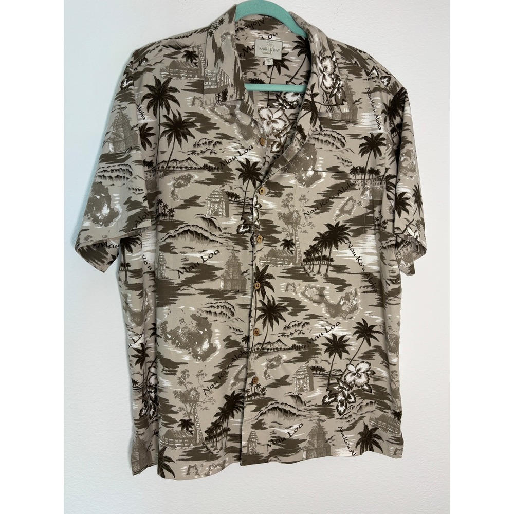 Trader Bay Mens Hawaiian Shirt Large Brown Tan Mau Loa Tropical Palm Tree Island